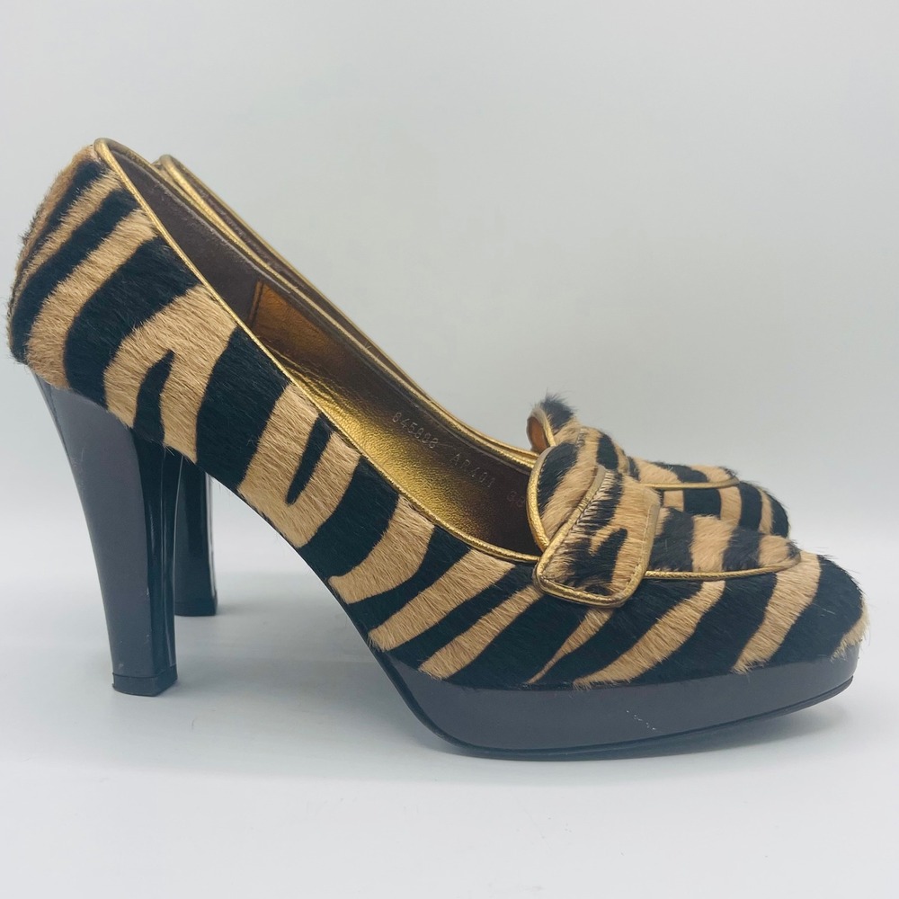 Boden Tiger Print Pony Hair Platform Pumps Gold Metallic Loafer Heels Size 38
